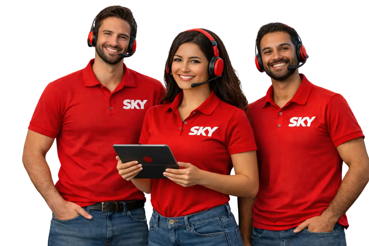 Consultores da SKY sorrindo e utilizando fones de ouvido para atendimento