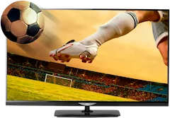 Jogador chutando bola de futebol na TV